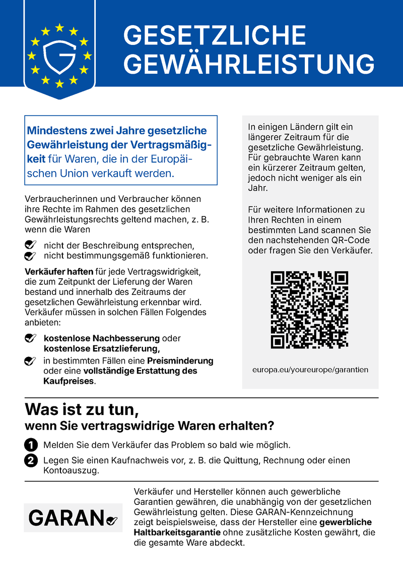 EU-Hinweis zur gesetzlichen Gewährleistung: mindestens zwei Jahre gesetzliche Gewährleistung für Waren, die in der Europäischen Union verkauft werden
